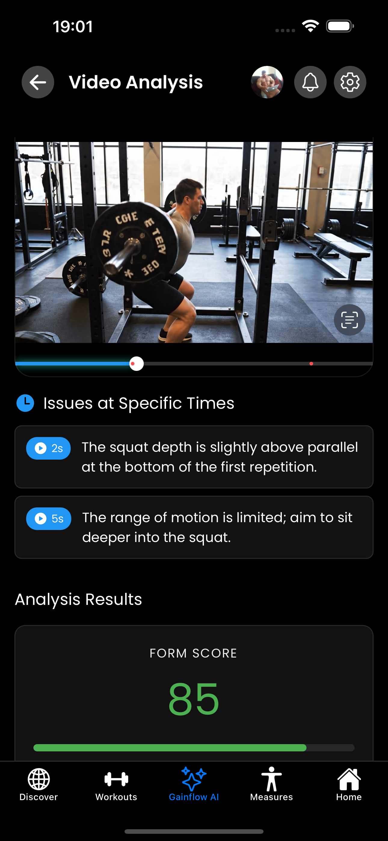 Gainflow AI squat analysis showing an error