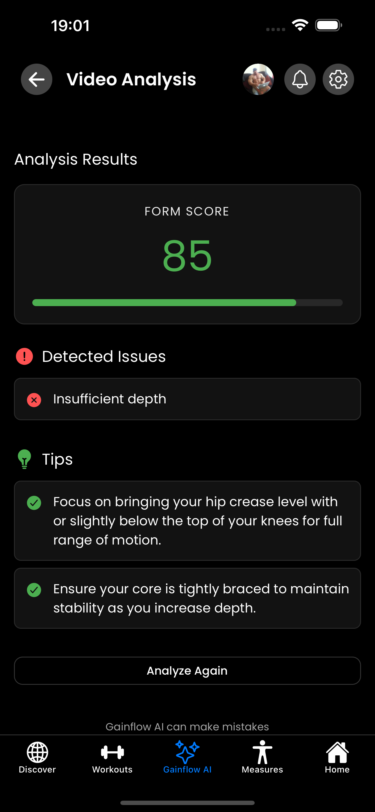 Gainflow AI squat analysis feedback